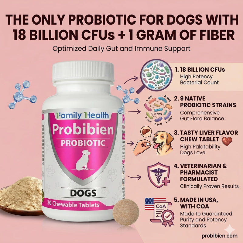 Probiotic for Dogs, 18 Billion CFUs +1 Gram of Fiber - 9 Native Gut Strains, Probiotic and Prebiotic Veterinary Supplement, Chew Tablets for Diarrhea, Gut Health and Immune Health.