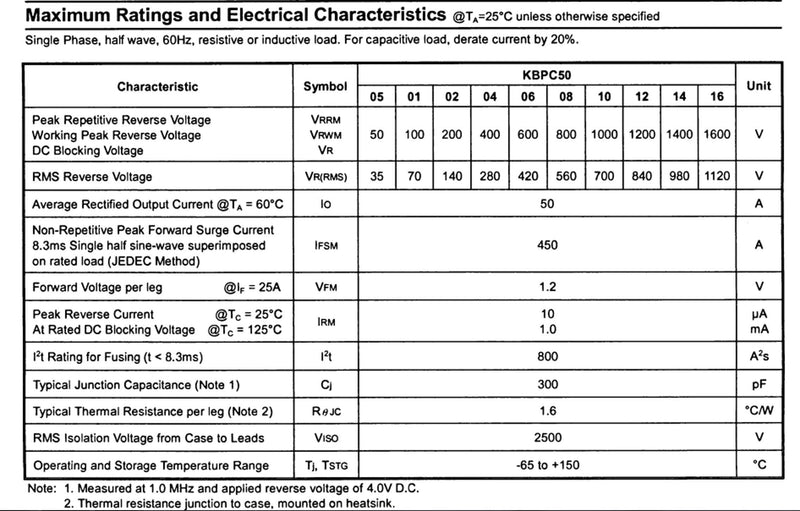 5pcs KBPC5010 Bridge Rectifier Diode,50A 1000V Single Phase,Full Wave 50 Amp 1000 Volt Electronic Silicon Diodes,Through Hole 4-Pin