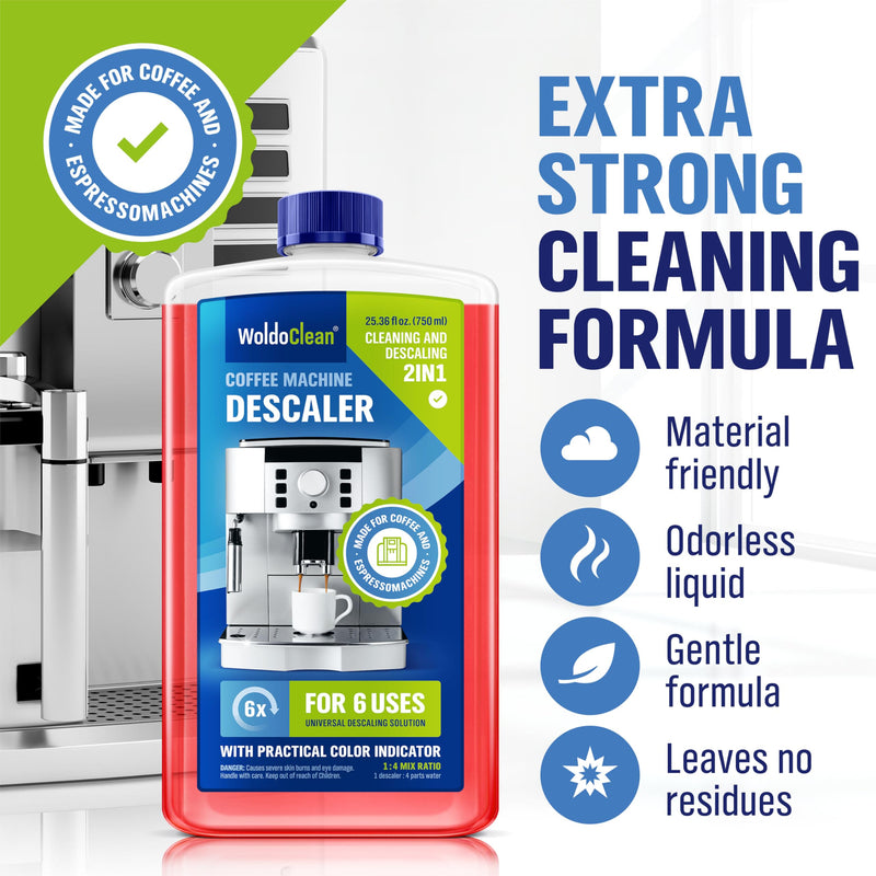 WoldoClean Descaling Solution for Coffee & Espresso Machines 25.6 Fl Oz - compatible with Keurig, Nespresso, Breville, Ninja, Nespresso, Delonghi, Reusable Formula with Color Indicator