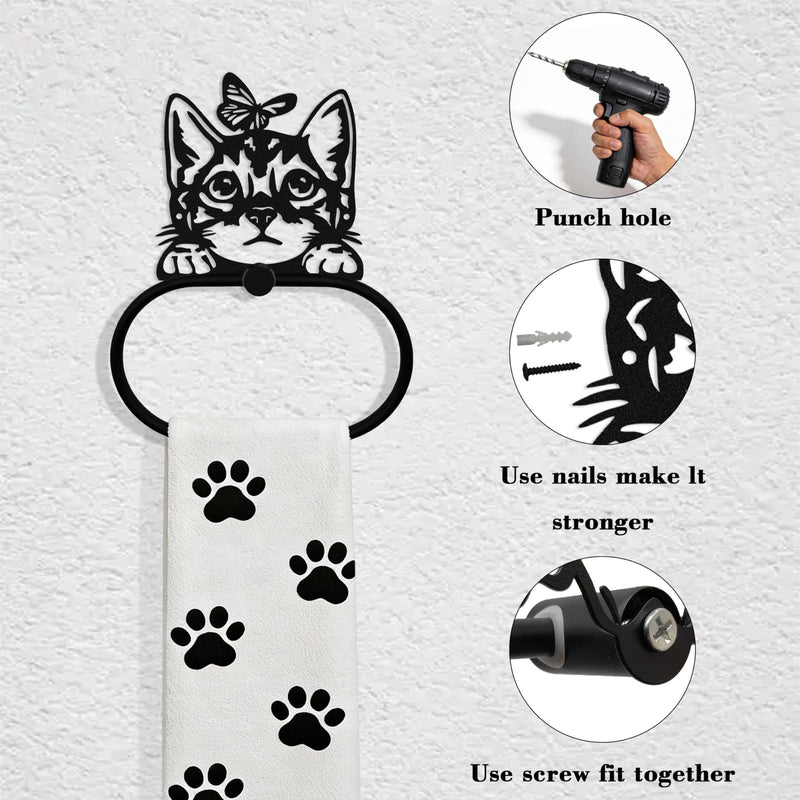 Black Metal Peeping Cat & Butterfly Wall Mounted Towel Ring, Funny Design Decor Accessories, Artistic Animal Towel Holder Decorative Gift for Cat Lovers, Home Kitchen Restroom Laundry Room