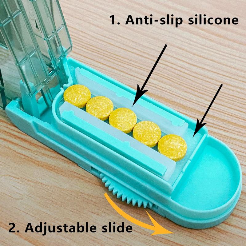 Johnbee Pill Cutter Splitter for Small and Tiny Pills, Larger Pills. Adjustable Pill Splitter Accurately Cuts Multiple Pills at Once. Sharp Blade with Safety Guard. Non-Slip Silicone Edge (Lake Blue) Lake Blue