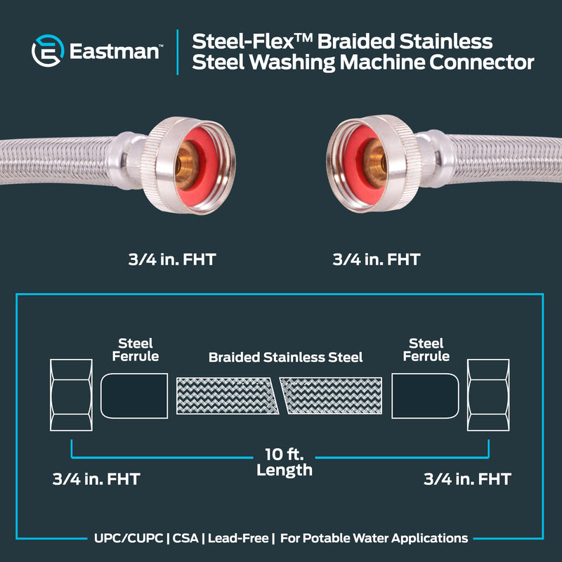 Eastman 10 foot Washing Machine Hose, 3/4 Inch FHT x 3/4 Inch FHT, Braided Stainless Steel Washing Machine Connectors, 48640 10 Ft.