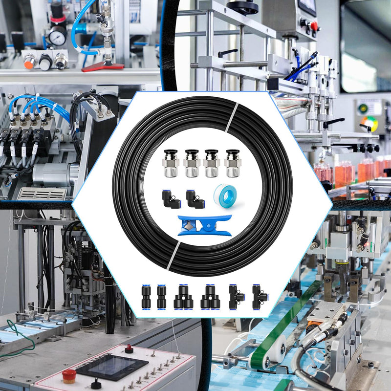 mxuteuk 1/4" Air Hose Fittings,1/4" Air Line Fittings,1/4"(6.35mm) OD x 32.8 Feet PU Tube and 1/4" OD Push to Connect Fittings(15PCS)