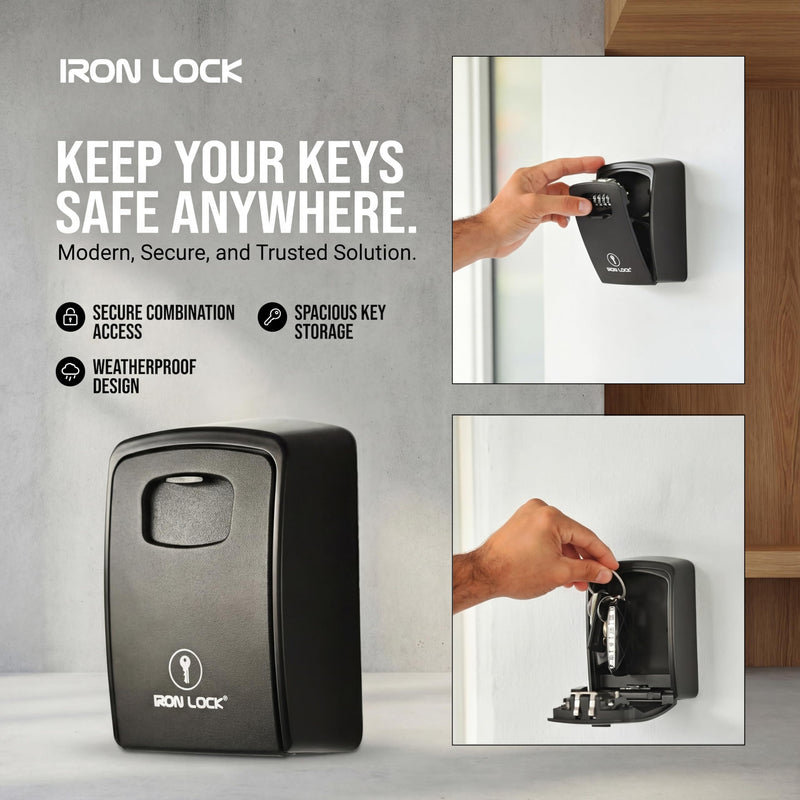 Iron Lock® Key Lock Box XXL Wall Mount – Waterproof Outdoor Key Safe with Heavy-Duty Metal Body & 4-Digit Combination – Lock Box for Keys Outside for Home, Rentals & Realtors Extra Large (Black, XXL) 2X-Large Black