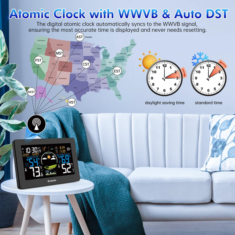 Weather Station Wireless Indoor Outdoor, Digital Thermometer with Remote Sensor, 7.5'' HD VA Display Home Weather Stations, Accurate Temperature Humidity Gauge with Weather Forecast, Atomic Clock Black