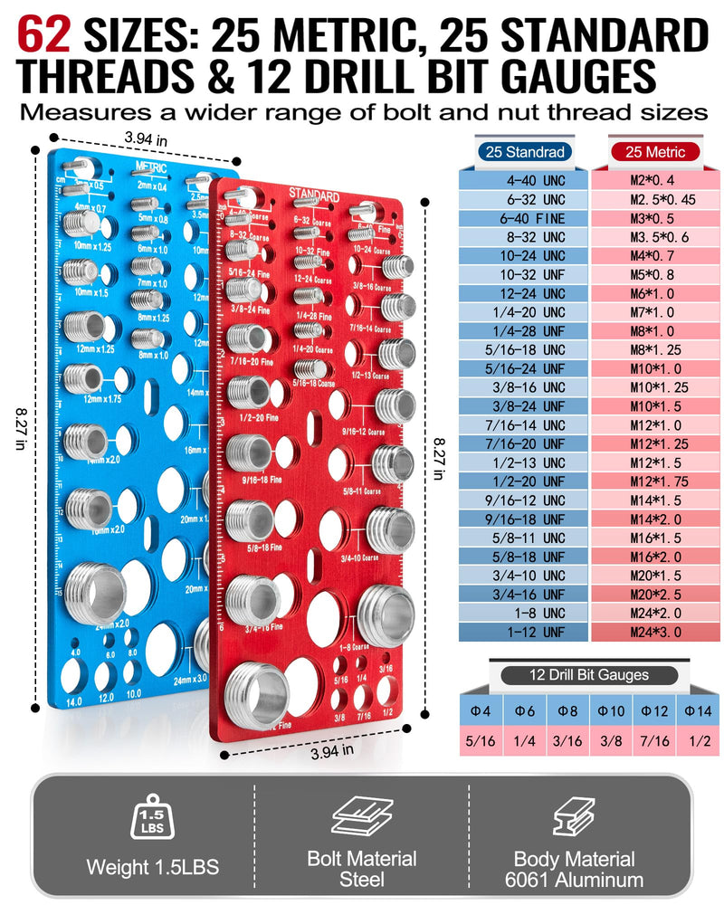 62 Pcs Nut and Bolt Thread Checker - 25 Standard + 25 Metric Thread Gauges | 12 Drill Bit Gauges, Wall-Mountable Bolt Size Finder for Identifying Fastener & Drill Bits