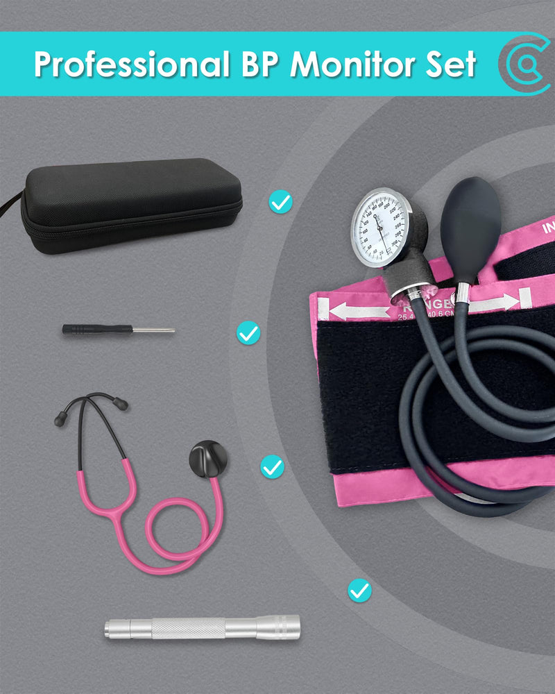 Premium Blood Pressure Cuff Set with Advanced Stethoscope, Penlight & Storage Case Kit, Aneroid Sphygmomanometer for Professional & Home Adult BP Monitoring, Pink With Premium Stethoscope Kit