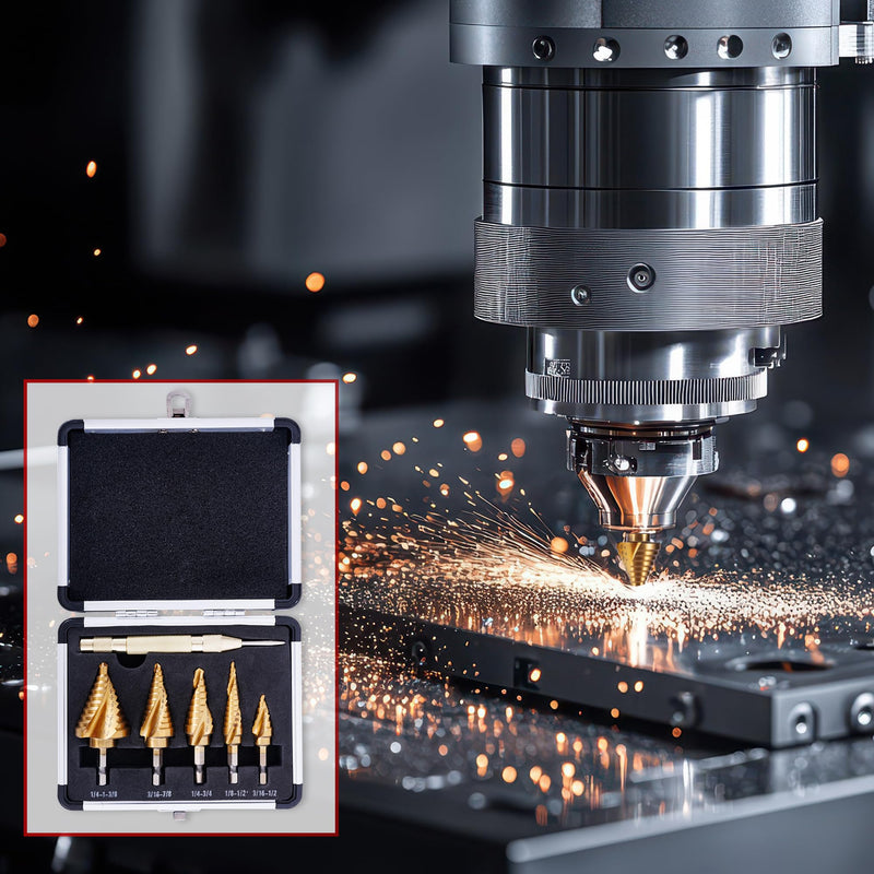 6-Piece HSS 4241 Titanium Coated Step Drill Bit & Automatic Center Punch Set, Double Spiral Flute, 118° Split Point, Hex Shank, Multi-Size for Metal Wood Plastic 6PCS SET