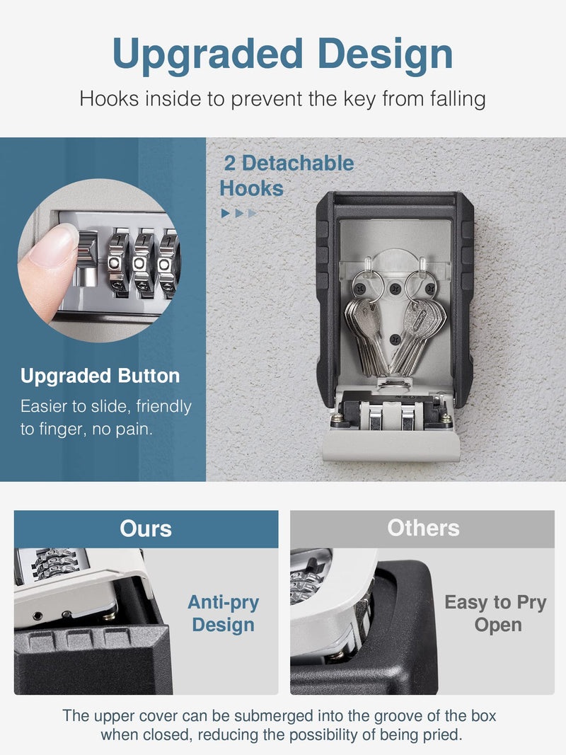 Puroma Key Lock Box with Key Hook, Resettable 4-Digit Combination Lockbox, Waterproof Key Storage Security Lockbox, Large Capacity Wall Mounted Lockbox for House Keys, Realtors, Garage Spare Keys Without Shackle