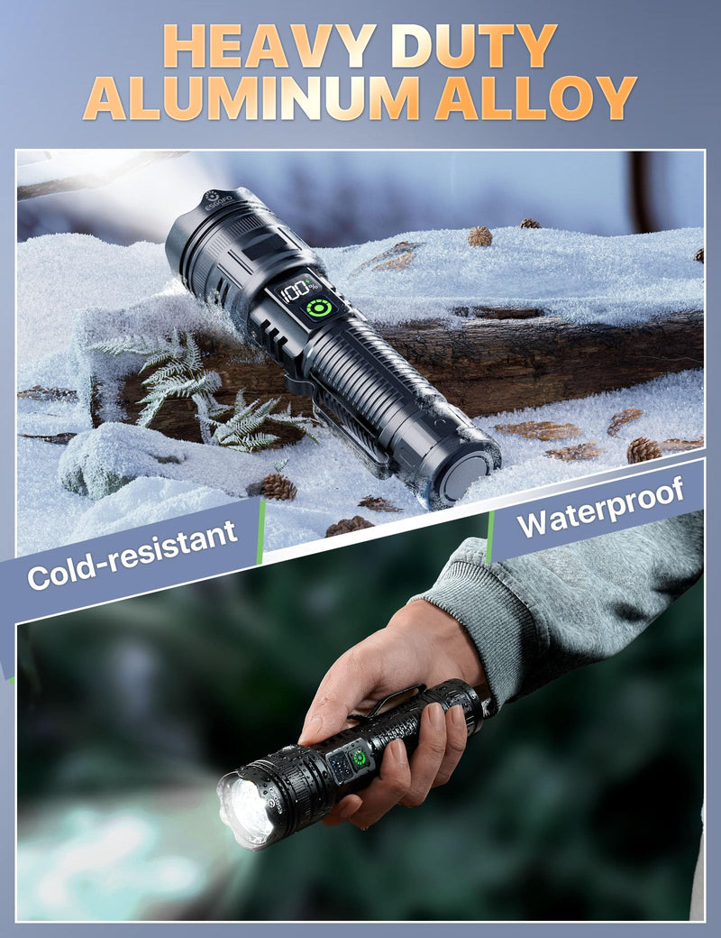Esgofo Rechargeable Flashlights High Lumens 10000 2 Modes High/Low, Super Bright Magnetic LED Flashlight Long Distance 3280FT, Powerful Long Lasting Strong Flash Light USB C with Clip for Hiking 30.0 Watt Hours