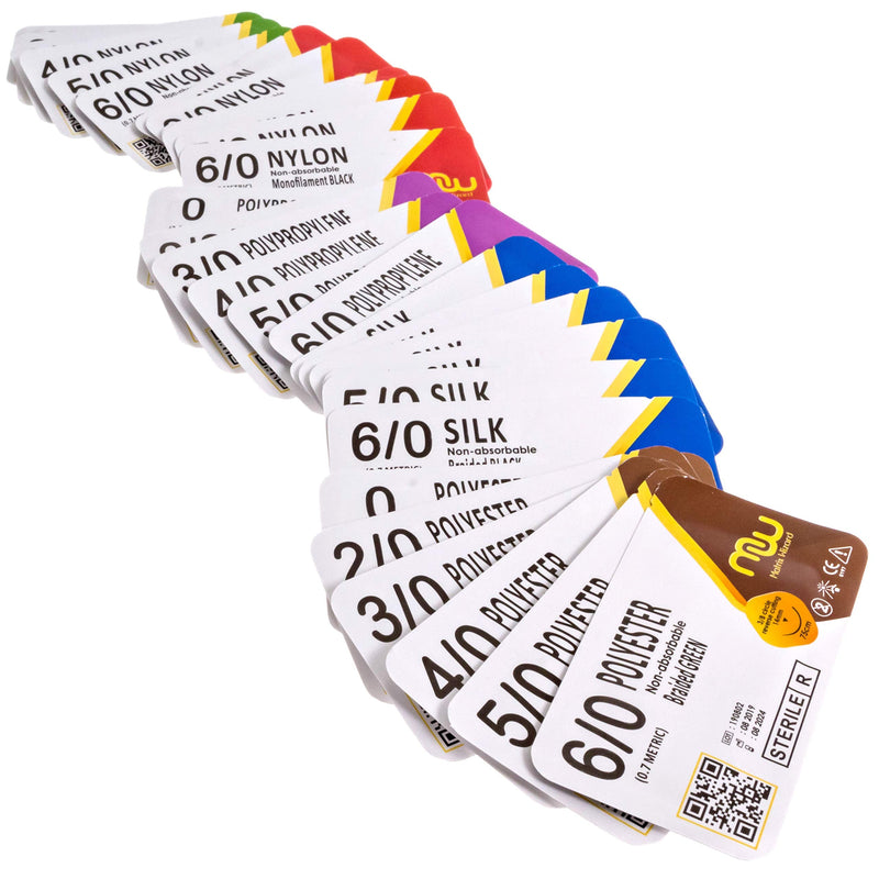 Suture Thread with Needle 30Pk (Mixed 0, 2-0, 3-0, 4-0, 5-0, 6-0) - Practice Suturing; Camping Survival Demo, Military Tactical Drill, Hospital Clinic Rotation, First Aid Travel Safety, Veterinary Use
