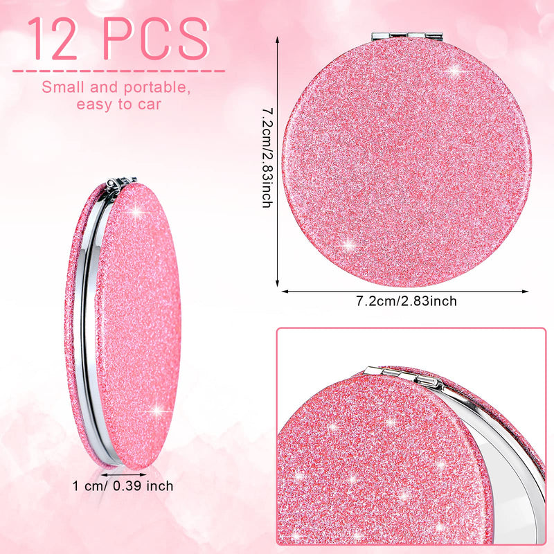 Weysat 12 Pcs Cute Pink Compact Mirrors for Women Galentine's Day, Small Magnifying Travel Makeup Mirror with Glitter, Mini Double-Sided Portable 2x/1x Magnification Folding Pocket, PU Leather, Gift