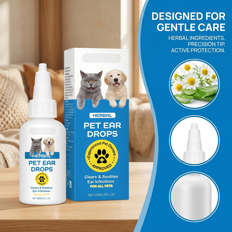 Pet Ear Cleaner Drops for Cats & Dogs, Gentle and Effective Ear Cleaner Solution, Safe & Gentle Ear Care Treatment for Pet Ear Hygiene & Cleaning, 60ml