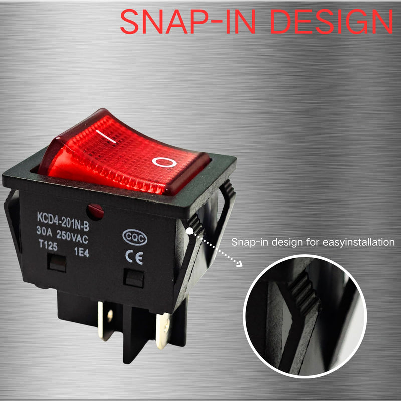 30A 250V KCD4 Rocker Switch DPST 4 Pin Red Lighted 120V Rocker Toggle Switch ON Off Heavy Duty T125-2Pack