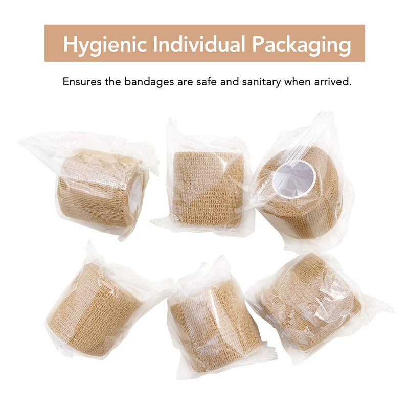 RISEN Cohesive Bandage 2” x 5 Yards, 6 Rolls, Self Adherent Wrap Medical Tape, Adhesive Flexible Breathable First Aid Gauze Ideal for Stretch Athletic Tan 6 Count (Pack of 1)