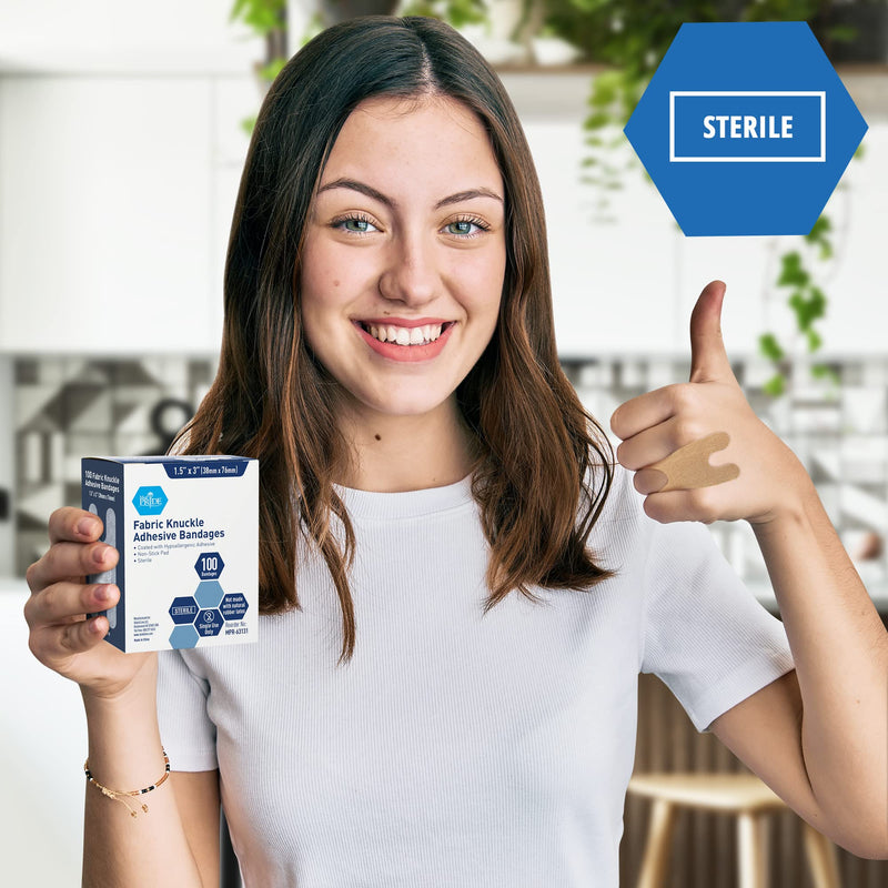 MED PRIDE Sterile Fabric Knuckle Adhesive Bandages [100 Count]- First Aid Finger Bandages Coated with Hypoallergenic Adhesive- Latex-Rubber Free Wound Care Bandages- Individual Wrapped- 1.5''x3'' - NewNest Australia