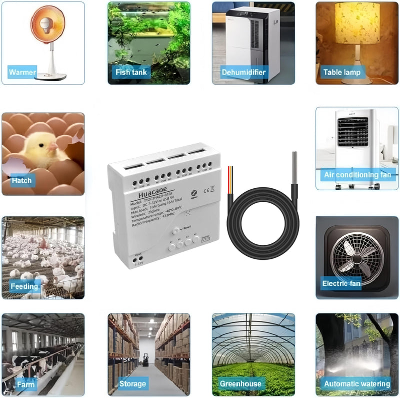 Zigbee 4CH Temperature Monitoring Switch,12V Dry Contact Smart Relay Module,Tuya App Remote Control,with Waterproof Sensor Probe(Tuya Zigbee hub needed) 4CH 12V
