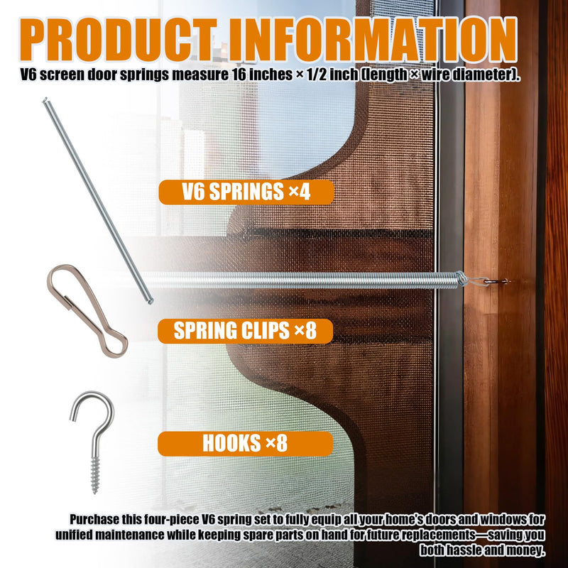 V6 Screen Door Spring, Door Closer Spring, 16x1/2 Inch, Automatic Closing Mechanism, Suitable for Lightweight Storm Doors and Screen Doors, Includes 8 Mounting Hooks and Spring Clips, 4-Pack