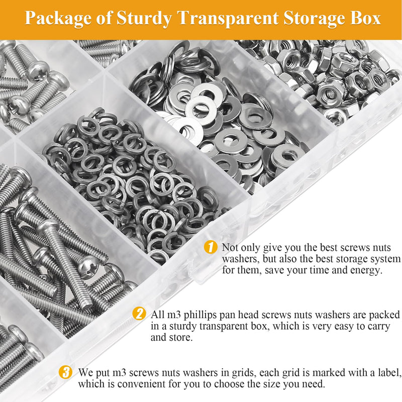 565 Pieces M3 Machine Screws Nuts Washers Set, Sutemribor M3 x 4/6/8/10/12/16/20mm Phillips Pan Head Machine Screws Nuts Washers Assortment Kit, 304 Stainless Steel, Fully Threaded