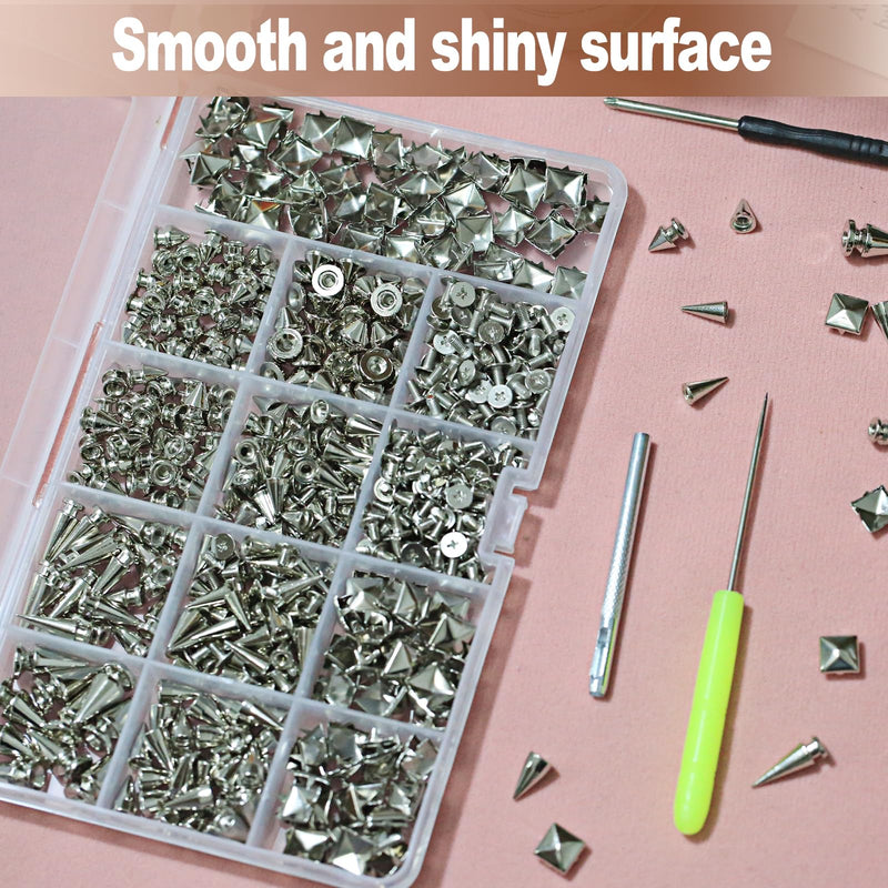 XKCWXY 600 Sets Punk Studs and Spikes Kit，8 Size Cone Spikes and Square Pyrami Studs for Clothing,Metal Tree Spikes Studs for Leathercraft and Punk Style Clothing Accessories DIY Craft Decoration