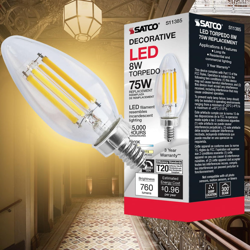 Satco S11385 8W C11 LED Filament Candle Bulb, 3000K Soft White, 760 Lumens, E12 Candelabra Base, Clear Finish, 90+ CRI, Dimmable, Energy-Efficient, for Chandeliers and Decorative Fixtures (6 Pack)