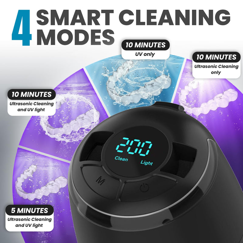 Jetfresh Ultrasonic Retainer Cleaner Machine | Dental Pod Cleaner with 48kHz Frequency | UV Dental Cleaning Pod for Aligners, Dentures, Mouth Guards, Braces & Jewelry 4 Modes, Digital Timer, 200ML BLACK