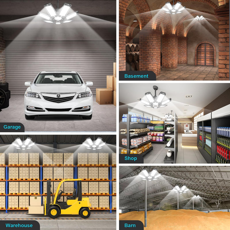 LED Garage Light 2 Pack - 200w 20000LM 6500K Garage Lights Ceiling Led with 7+1 Adjustable Panels, Led Shop Lights Screw in E26 E27 Bulb Socket for Workshop Garage Lighting
