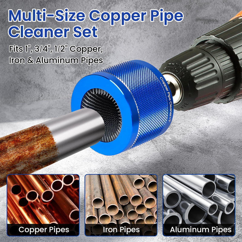 Copper Pipe Cleaner Set, Fits 1”, 3/4”, 1/2” Copper, Iron & Aluminum Pipes, Handheld or Drill Compatible, Metal Tube Cleaning Brushes with Replaceable Blades