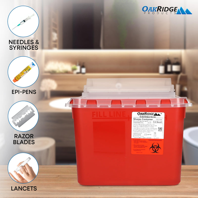 Oakridge Products Transparent Sharps Container for Home Use and Professional 5.4 Quart (1-Pack), Touchless Biohazard Needle and Syringe Disposal, Rotating Lid, CDC Certified medium 1