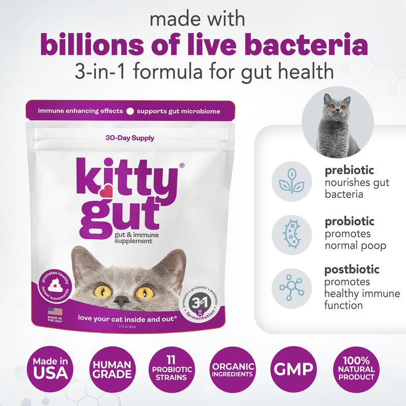 KittyGut 3-in-1 Organic Cat Probiotics & Postbiotic Supplement Powder- Made in USA-Probiotics for Cats Promote Gut Health and Cat Digestive Support, Diarrhea and Vomiting (60g) 60g