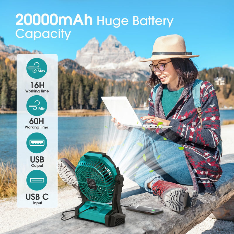 ONLYNEW Portable Fan Rechargeable, 20000mAh Cordless Battery Powered Fan with LED Lantern, USB C Battery Operated for Travel Bedroom Home Camping Tent Office Beach Desk Fishing Table Medium Green