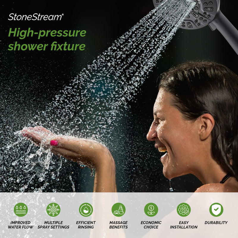 Original StoneStream 10 Mode Black showerhead + Hose + Adapter + Stones Cartridge | Unveil Showering Perfection | Elevate Your Bathroom with Sleek and Stylish Design | 10 Modes, Endless Bliss 4-in-1 Showerhead Kit