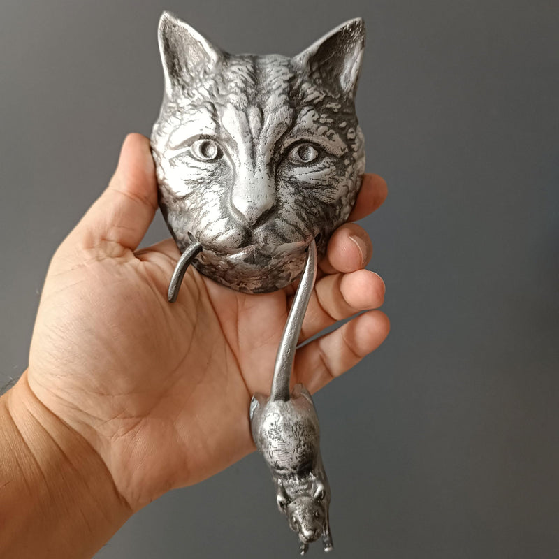 Cat and Mouse Door Knocker, Solid Brass, 8.7 inches, Front Door Ornament (Antique Silver) Antique Silver