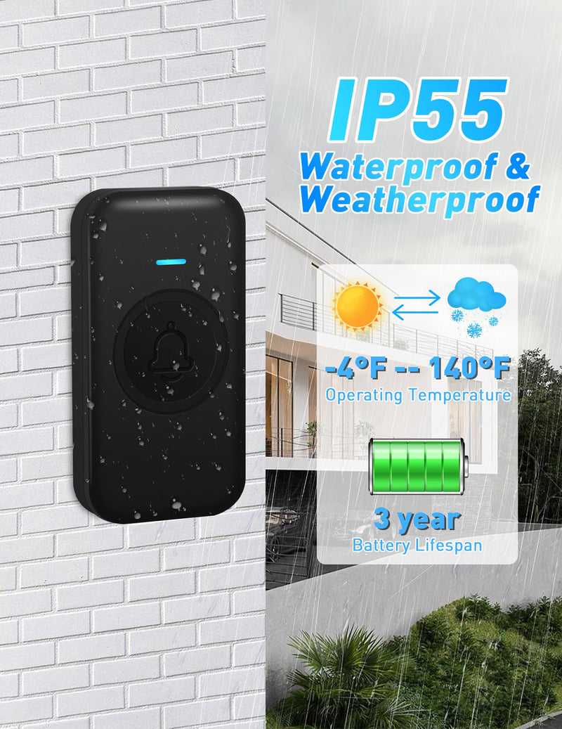 Wireless Doorbell, Waterproof Door Bell Operating at 1000ft with 60 Chimes & 5 Levels Volume for Home Classroom Office Hospital (1 Receiver & 1 Button, Black)