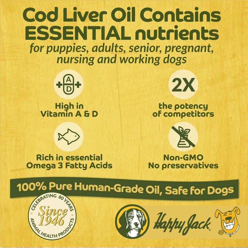 Happy Jack Cod Liver Fish Oil for Dogs Skin and Coat Supplement, Brain, Eyes, Bones, Hip, Joint, Heart & Immune System Health, Energy Booster (16 oz), Omega 3 with EPA & DHA, Vitamin A & D - PawsPlanet Australia