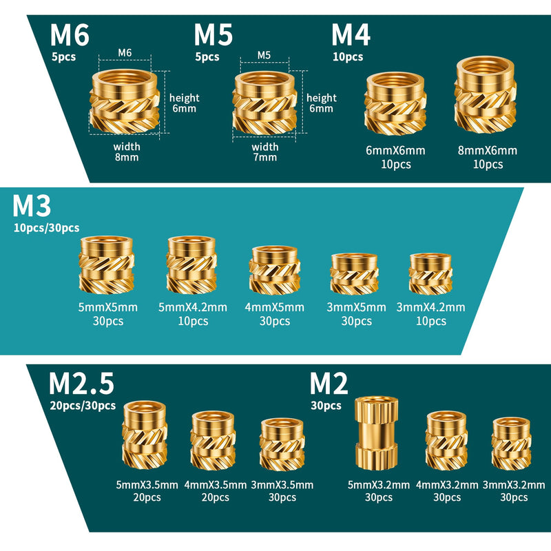 300Pcs Threaded Inserts M2 M2.5 M3 M4 M5 M6 Brass Heat Set Insert for Plastic and 3D Printing Components 300pcs