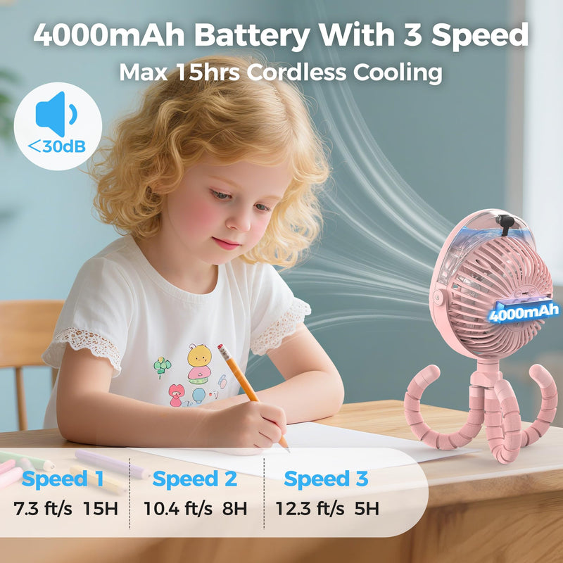 2025 Upgarded 4000mAh Misting Baby Stroller Fan, Rechargeable Battery Operated,Max 15Hrs Cooling,50ml Portable Water Sprayer Misting Fan with Flexible Tripod Clip on Car Seat Crib Treadmill Bunk Bed Pink