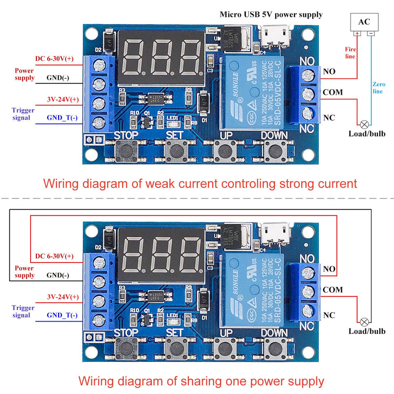 [2 Pack] DC 6-30V Timer Relay Programmable Delay Relay Module Cycle Timer with LED Display / 5V Micro USB, Smart Home Controller
