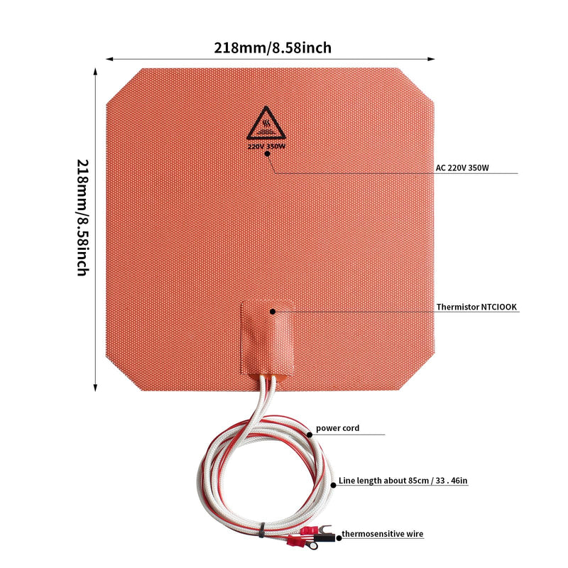 FYSETC Silicone Heating Pad for Anycubic-i3 Mega - 220V 350W Bed Plate 218x218mm: Heater Mat Built-in NTC100K Thermistor Compatible with 3D Printer Mega S/Pro A8 A6 Aluminum Platform