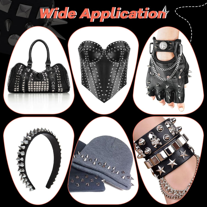 630 Pcs Punk Studs for Clothing, 10 Sizes Cone Spikes for Clothes, Square & Round Dome Pyramid Studs and Spikes, Leather Rivets Metal Spike for Crafts Bags Belts Shoes Caps Necklace Decor with Tools 01 630 Pcs Multi Sizes Silver Studs