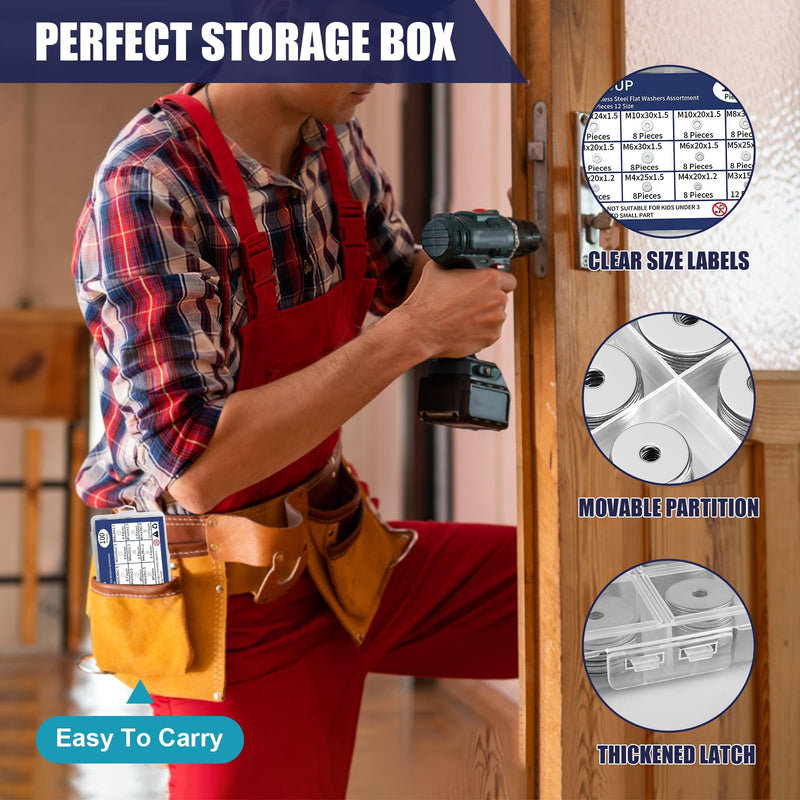 18-8(304) Stainless Steel Metal Flat Washers for Screws and Bolts, 100 Pieces Assorted Washers Kit (12 Sizes M3-M12), Large and Small Hardware