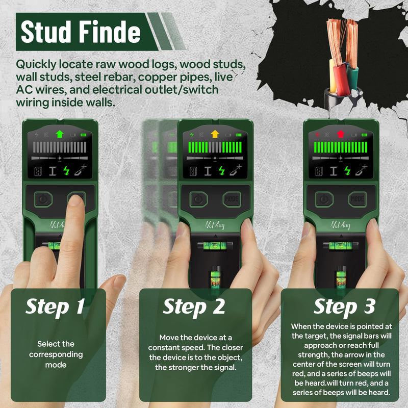 Stud Finder Wall Scanner - 7-in-1 Electronic Wall Stud Detector, Detects Wood, Metal, AC Power, Joists, Pipes with LCD Display, Laser & Bubble Level Ruler