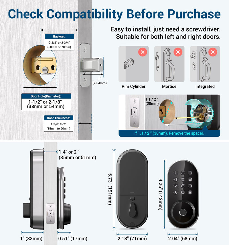 TEEHO TE342 Fingerprint Smart Keyless Entry Door Lock with Keypad, Bluetooth App Remote Control - Electronic Deadbolt for Front Door - Auto Lock - Silver