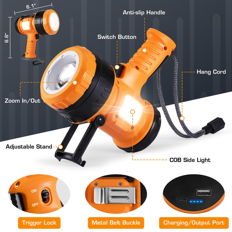 EverBrite Rechargeable Spotlight with Adjustable Focus, Handheld LED Spotlight Flashlight with 5 Modes, 600M Range, Spot Light for Hunting Boating Camping Hiking Outdoors Searching, 1200 Lumens