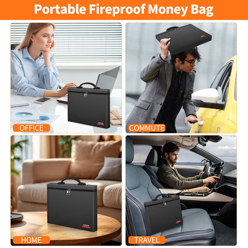 JUNDUN Fireproof Money Bag, 6400℉ Heat Resistant Fireproof Document Bag with Two Pockets for Home Travel Business - Holds Cash, Passport and Documents Black