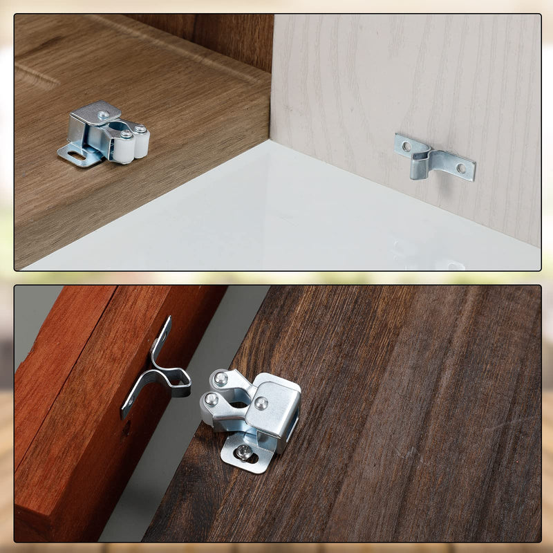 Bonuci 20 Pcs Cabinet Door Latch and Catch Hardware Double Roller Catch Cabinet Latches with Spear Strike for Closet Doors Kitchen (Silver) 1 Silver