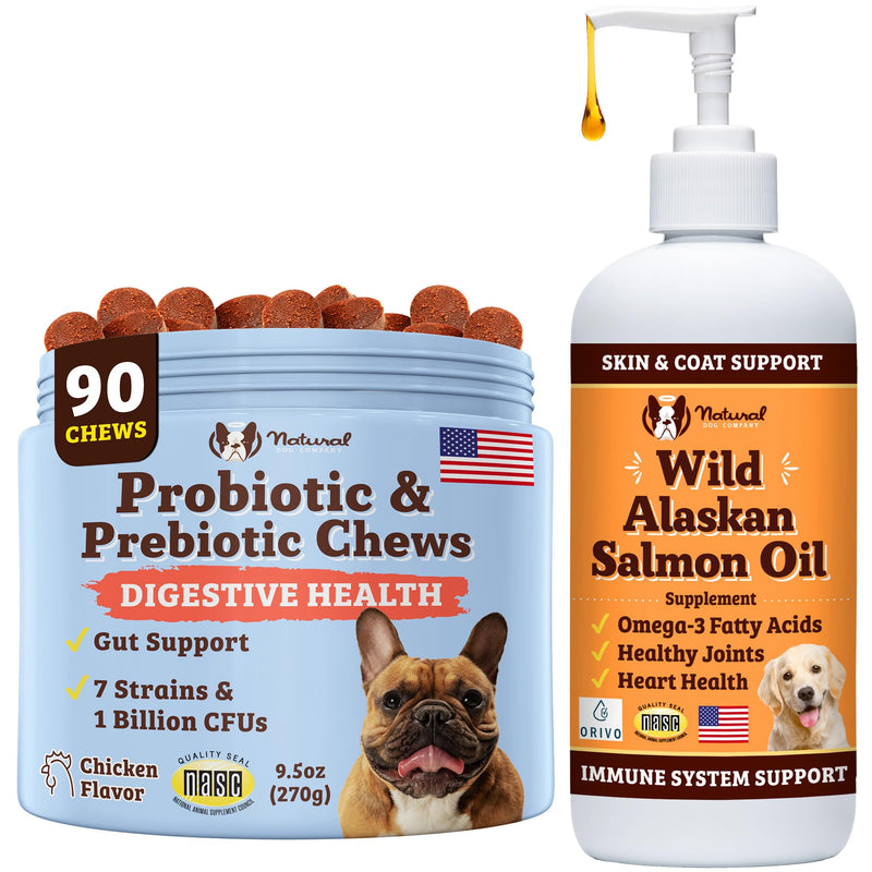 Natural Dog Company Wild Alaskan Salmon Oil & Probiotic Chews for Dogs Bundle: Salmon Oil & Probiotics - Healthy Skin and Coat and Digestive Health Combo for Dogs of All Breeds and Sizes