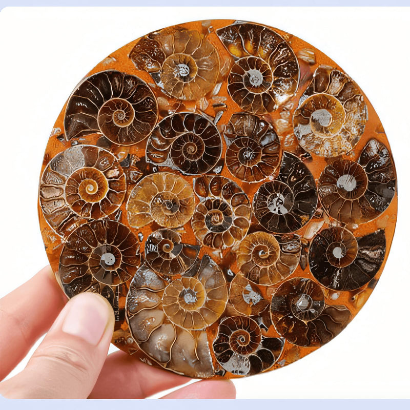 Natural Ammonite Fossil Disc with Stand Set, Feng Shui Decor Shell Slice Disc Conch Mineral Specimen Ornament for Home