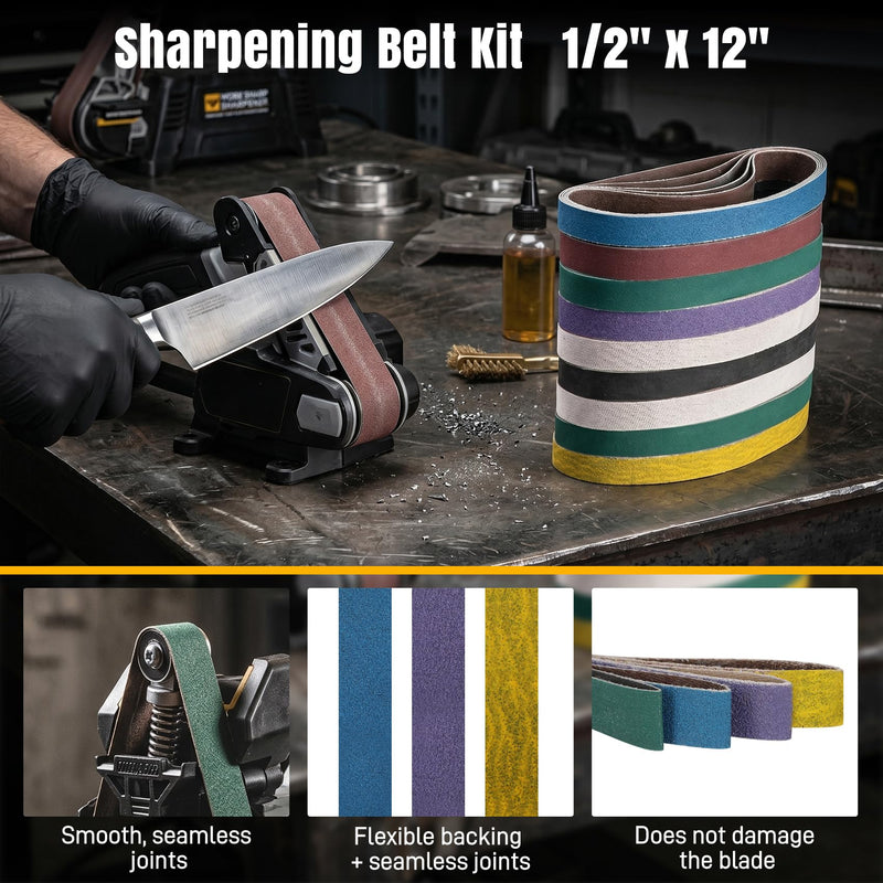 90 Pcs 1/2" x 12" Replacement Sharpening Belt Kit for Official Work Sharp Knife & Tool Sharpener (WSKTS & WSKTS-KT/Mk.1 & Mk.2) - Assorted Grits (80/120/240/400/600/800/1000/2500/5000) 90