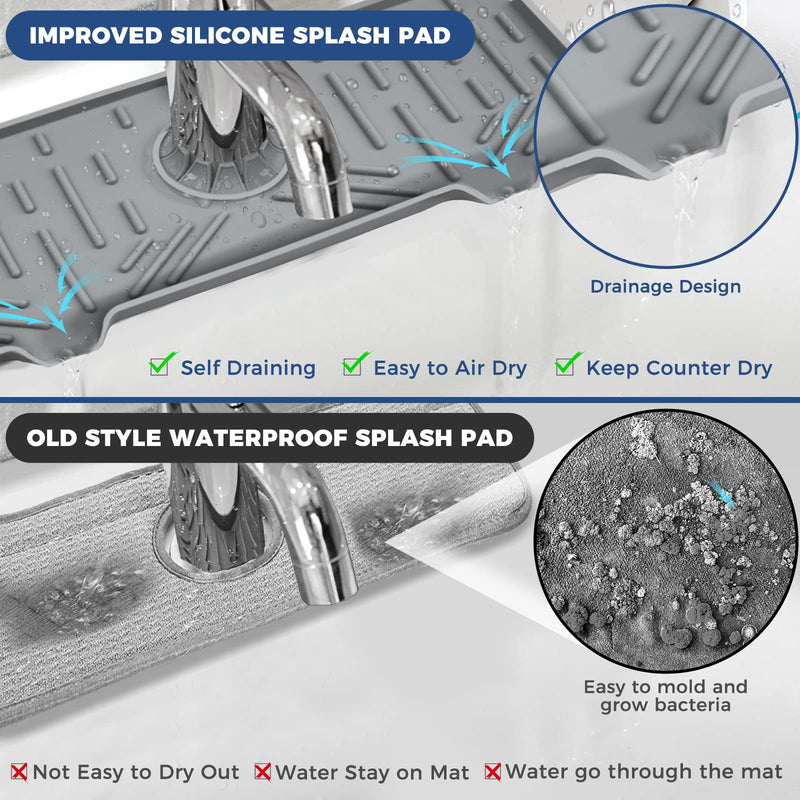 Silicone Faucet Handle Drip Catcher Tray Mat, Silicone Faucet Mat Dish Soap Sponge Holder for Kitchen Sink Accessories Gadgets, Drying Mat for Kitchen Counter Bathroom Kitchen Sink Splash Guard -Grey Grey(1Pack): 14.25"x5.35"